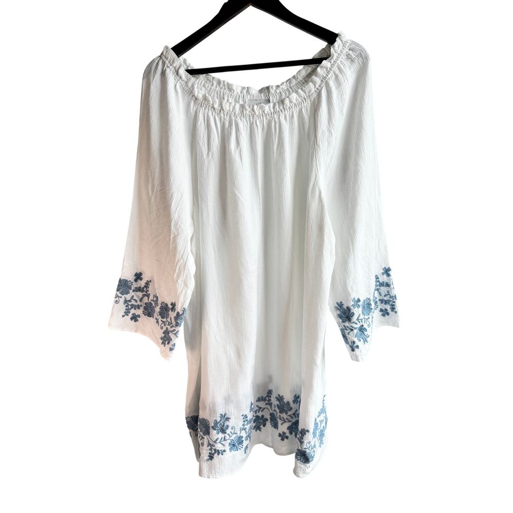 J. Jill White Embroidered Peasant Blouse XL Boho Floral Tunic Top